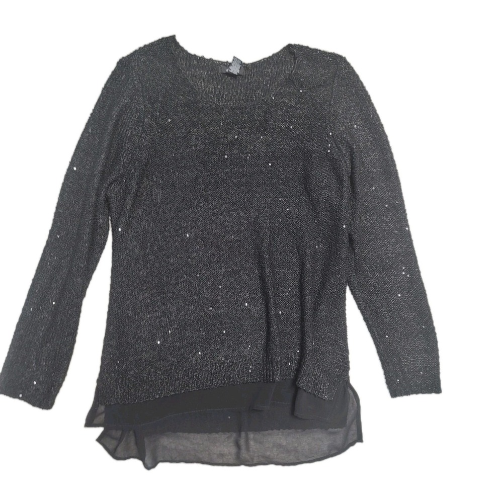 Alfani Women's Textured Sequin Lace Trim Sweater Large Black